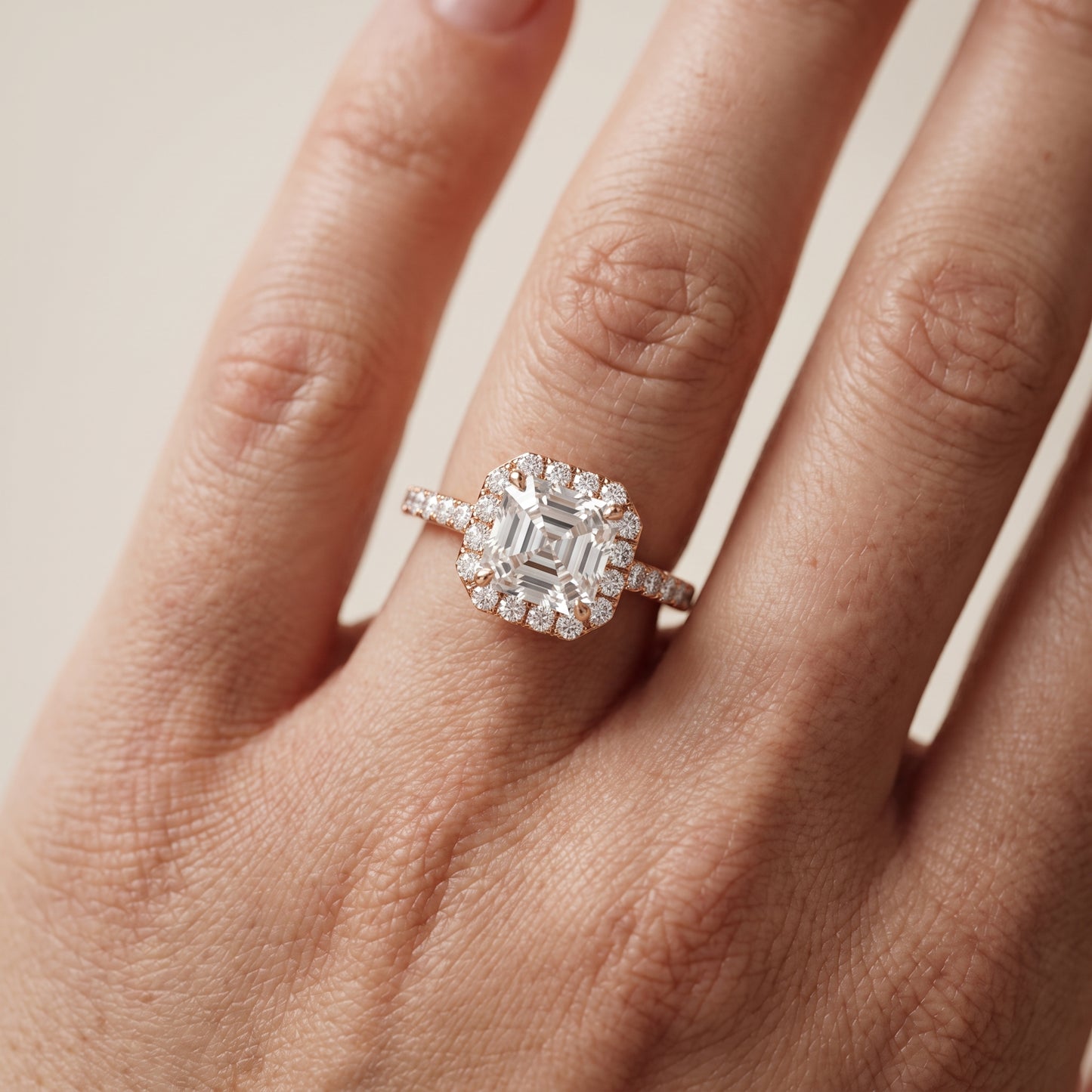Alma Halo Pavé Asscher Diamond Ring in Rose Gold - lifestyle.jpg