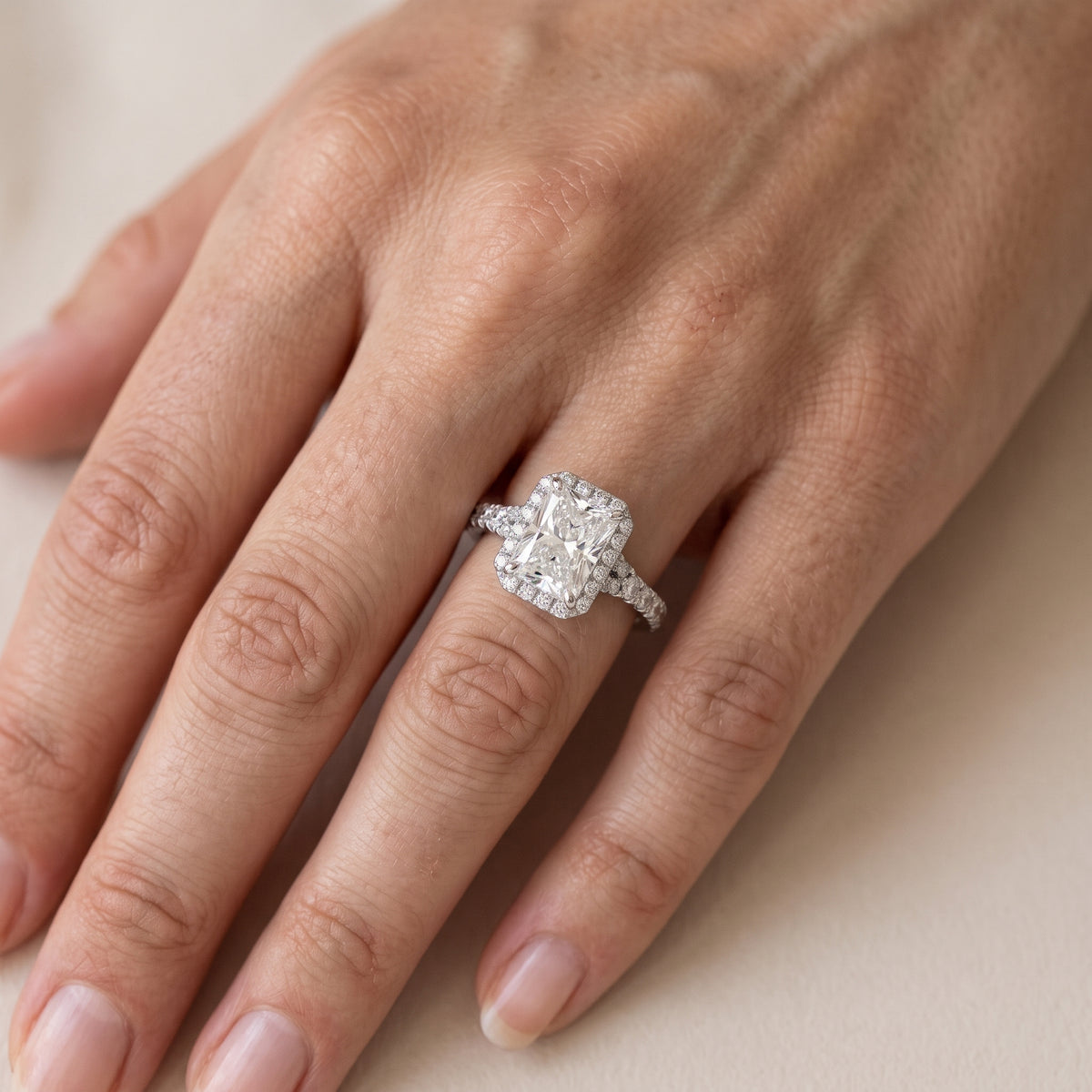 Bella Halo Pavé Radiant Diamond Engagement Ring in Platinum - lifestyle.jpg