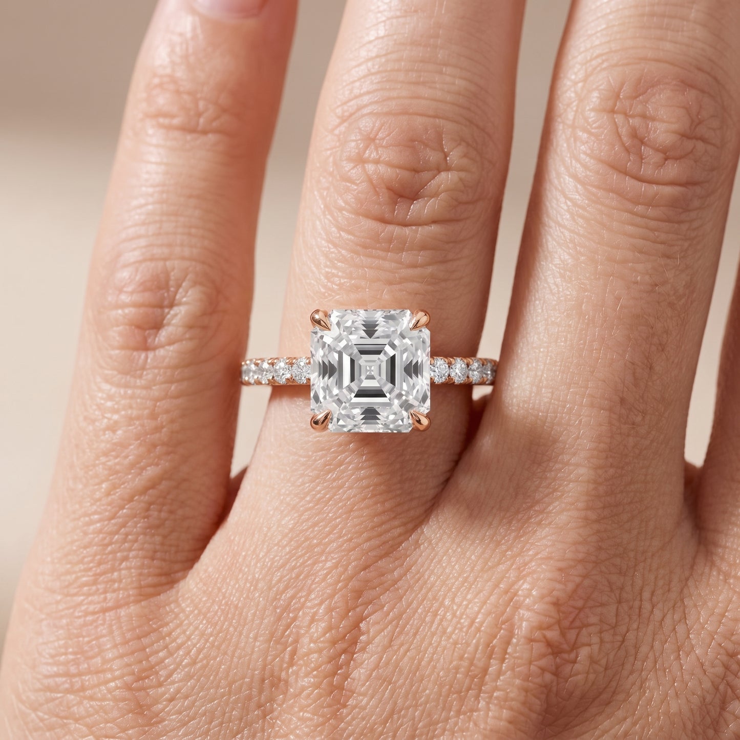 Ione Solitaire Pavé Asscher Diamond Engagement Ring in Rose Gold - lifestyle.jpg