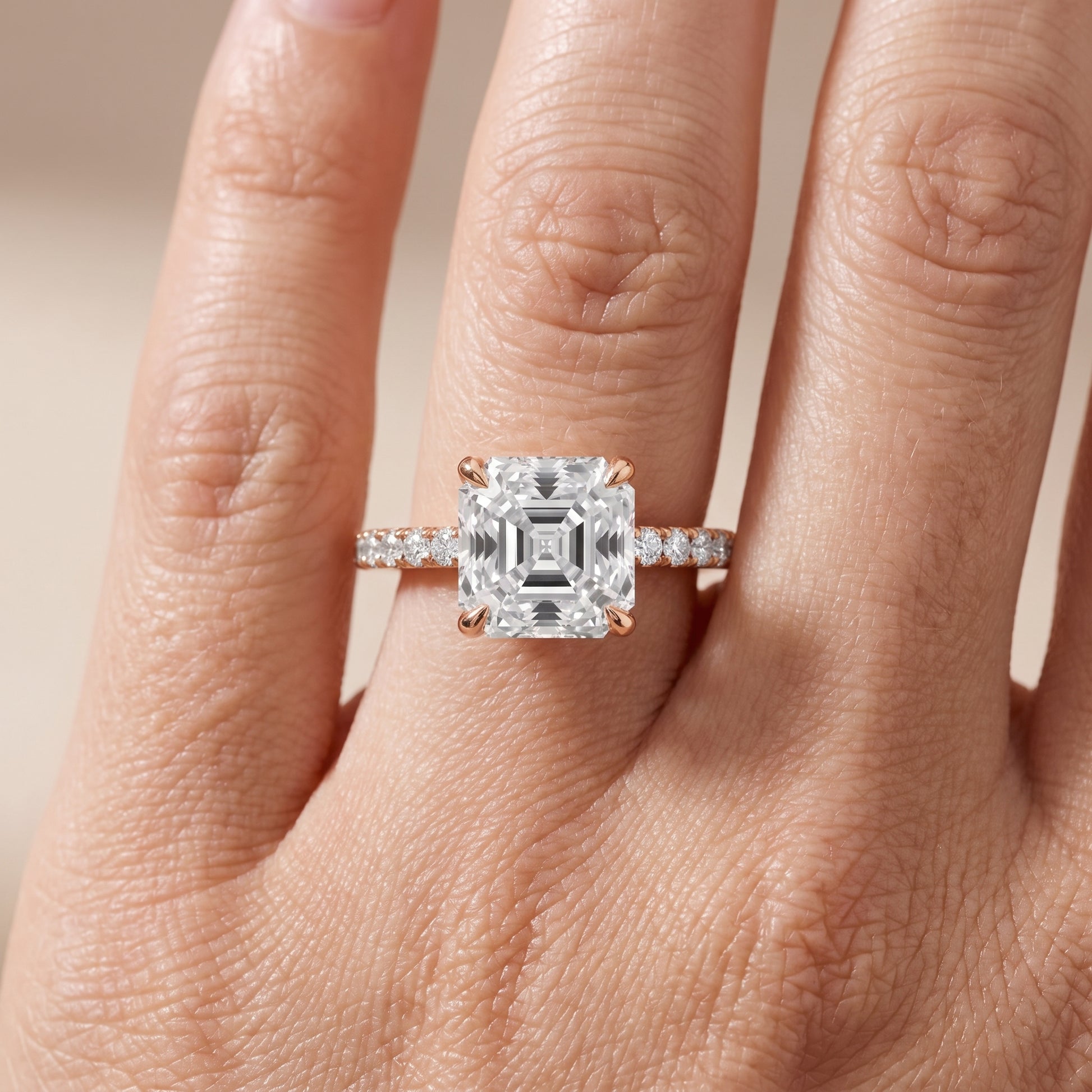 Ione Solitaire Pavé Asscher Diamond Engagement Ring in Rose Gold - lifestyle.jpg