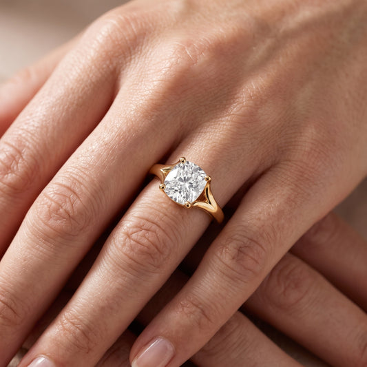 Nell Split Shank Solitaire Cushion Diamond Engagement Ring in Yellow Gold - lifestyle.jpg