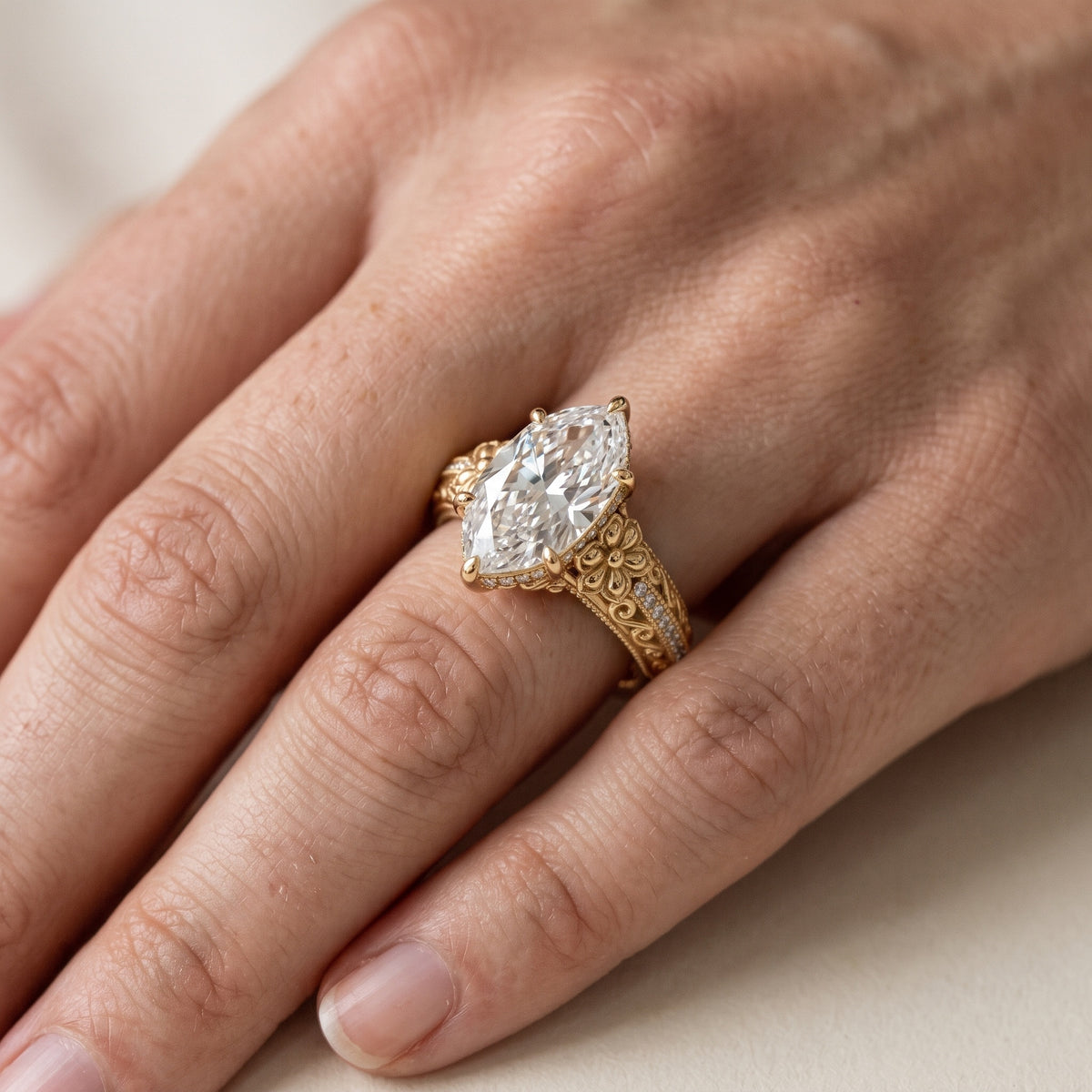 Mystic Hidden Halo Floral Dutch Marquise Diamond Engagement Ring in Rose Gold - lifestyle.jpg