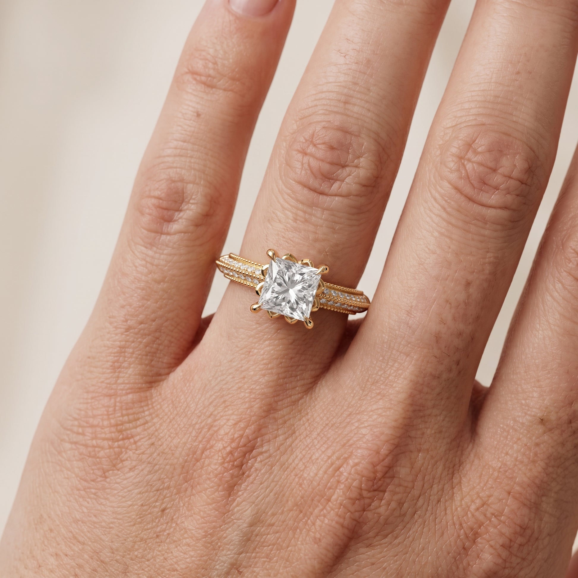 Indie Vintage Milgrain Princess Diamond Engagement Ring in Yellow Gold - lifestyle.jpg