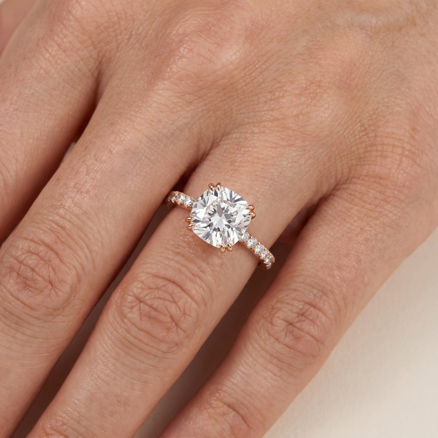 Novara Solitaire Pavé Cushion Diamond Ring in Rose Gold - lifestyle.jpg