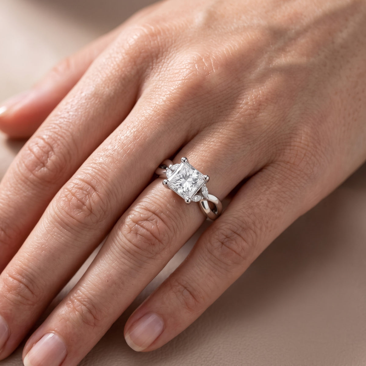 Luna Glow Twisted Princess Diamond Engagement Ring in White Gold - lifestyle.jpg