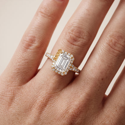 Bella Halo Pavé Emerald Diamond Engagement Ring in Yellow Gold - lifestyle.jpg