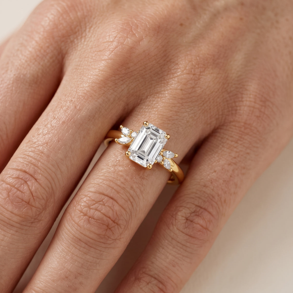 Avon Leaf Cluster Emerald Diamond Engagement Ring in Silver - lifestyle.jpg