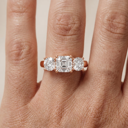 Callie Three-Stone Trellis Asscher Diamond Ring in Rose Gold - lifestyle.jpg