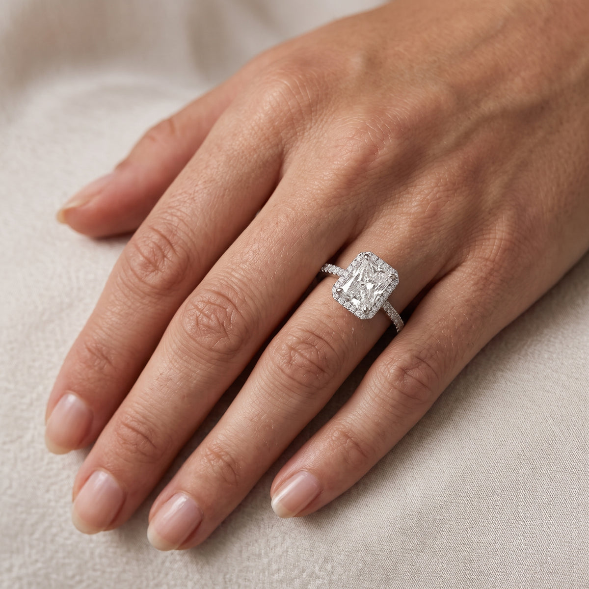 Willa Halo Micropavé Radiant Diamond Engagement Ring in Platinum - lifestyle.jpg