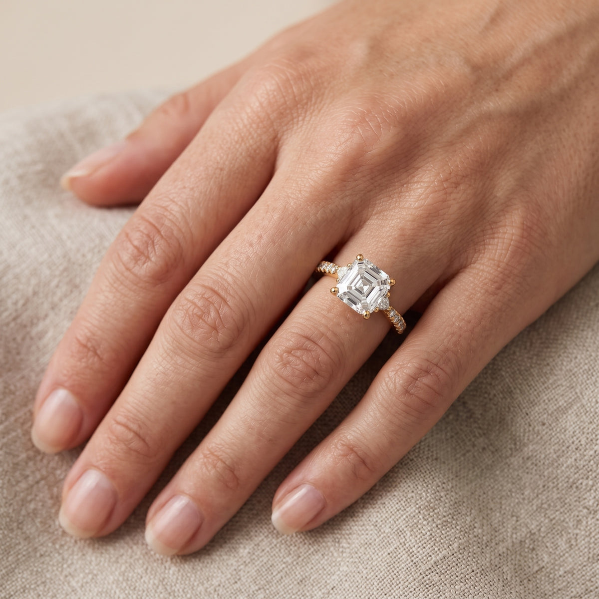 Alethea Three-Stone Pavé Asscher Diamond Engagement Ring in Rose Gold - lifestyle.jpg