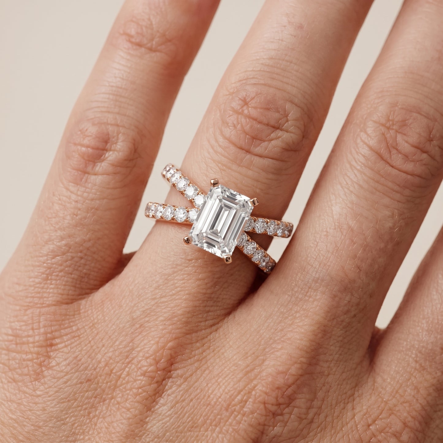 Lior Criss Cross Pavé Emerald Diamond Engagement Ring in Rose Gold - lifestyle.jpg