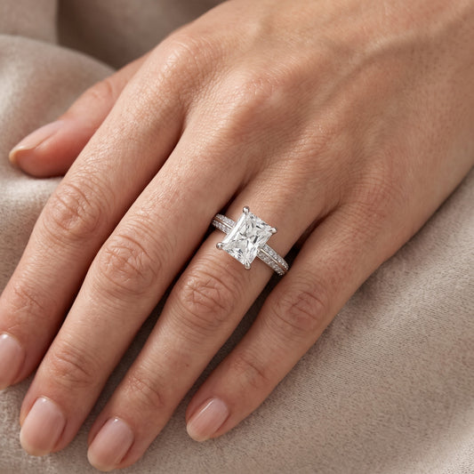 Meredith Knife Edge Pavé Radiant Diamond Engagement Ring in Platinum - lifestyle.jpg