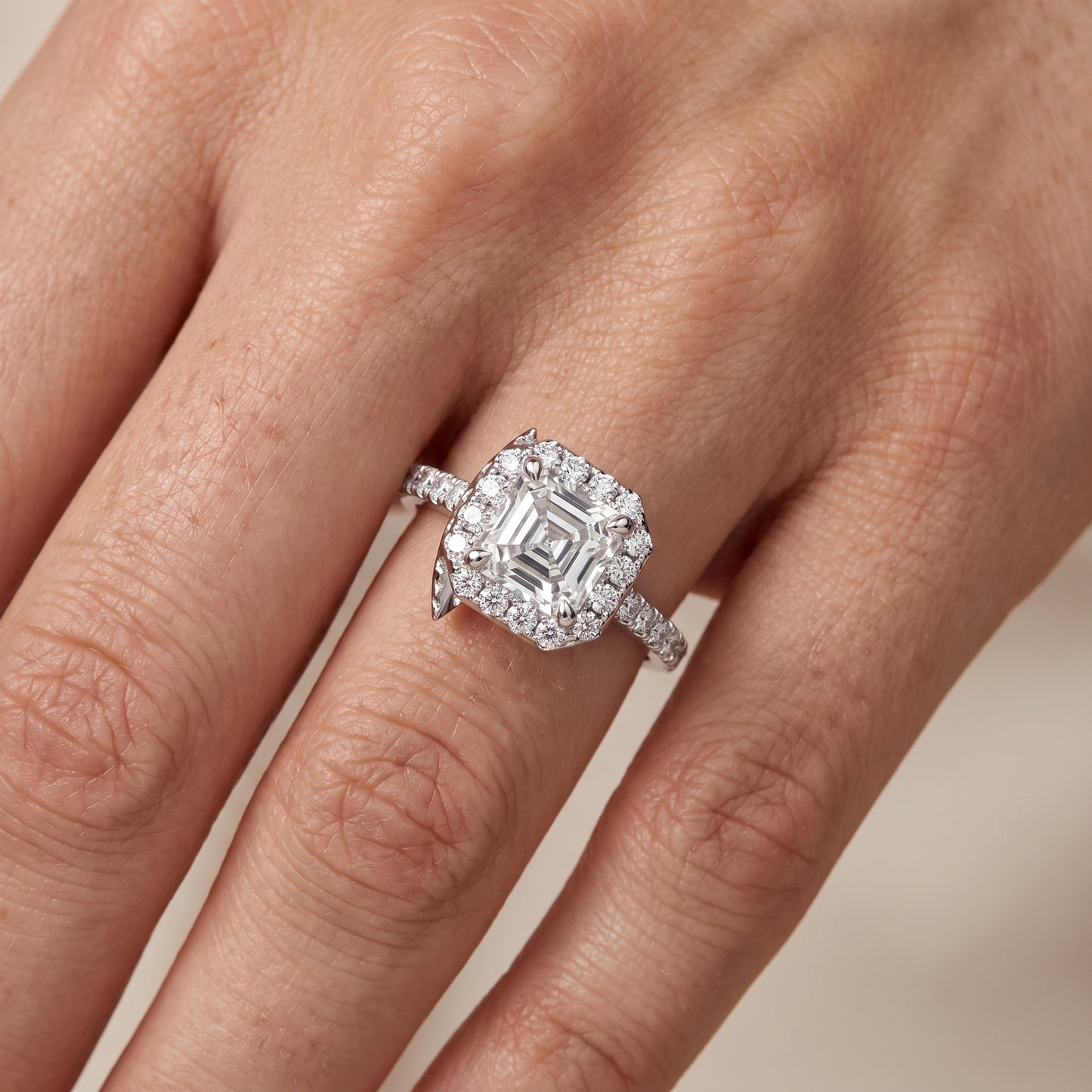 Amara Halo Claw Prong Asscher Diamond Ring in Silver - lifestyle.jpg