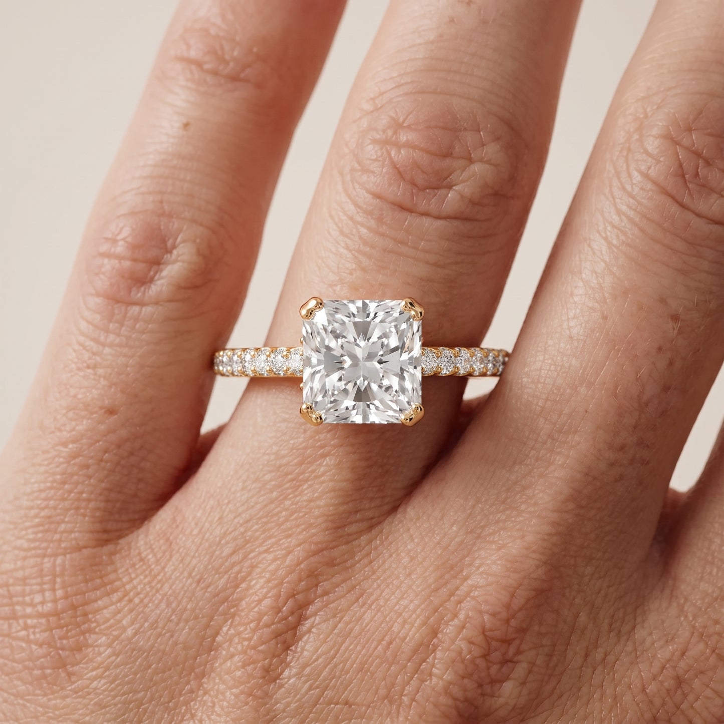 Violet Hidden Halo Pavé Radiant Diamond Ring in Yellow Gold - lifestyle.jpg