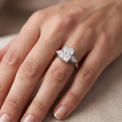 Leila Three-Stone Radiant Diamond Engagement Ring in Platinum - lifestyle.jpg