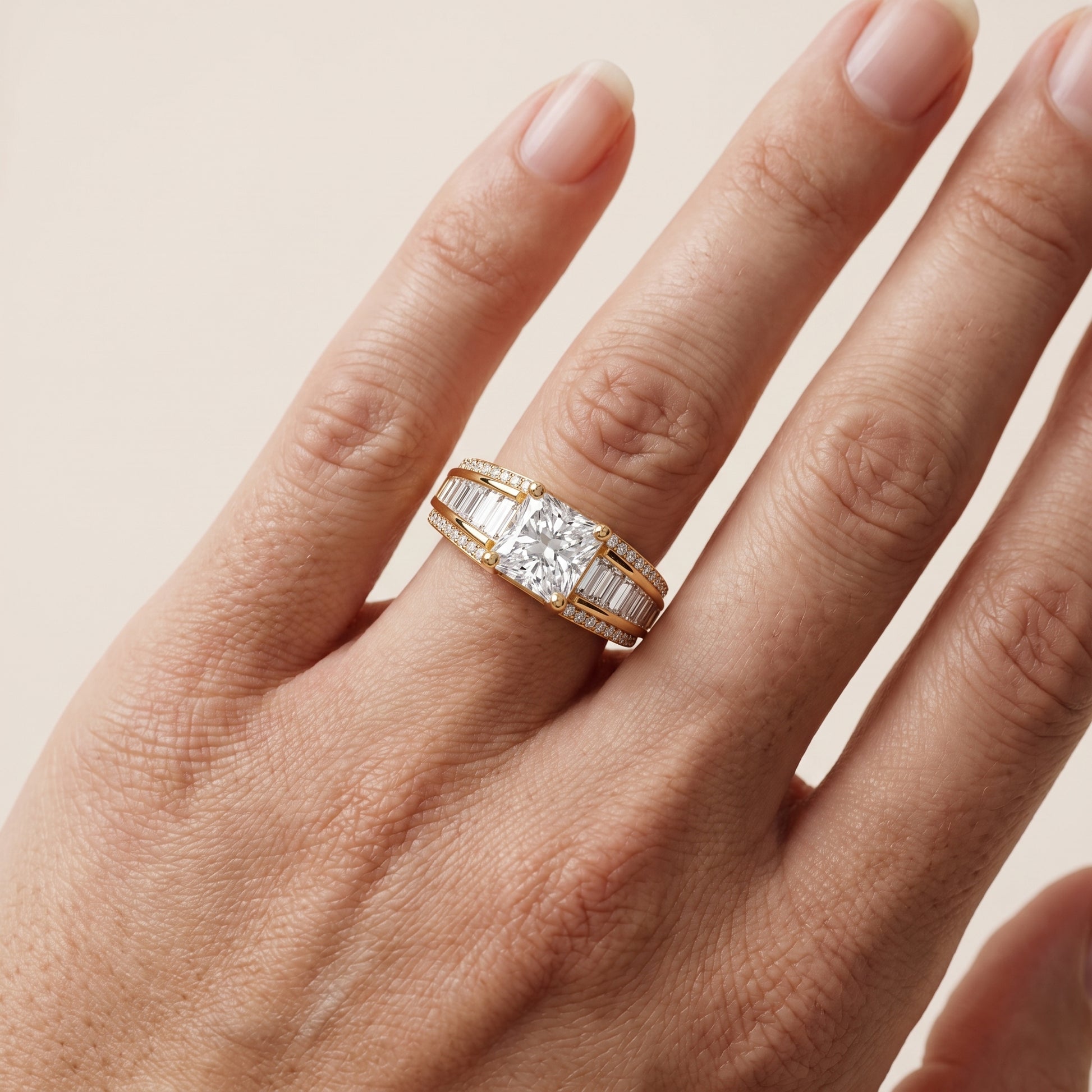 Halle Channel Set Baguette Accent Radiant Diamond Engagement Ring in Yellow Gold - lifestyle.jpg