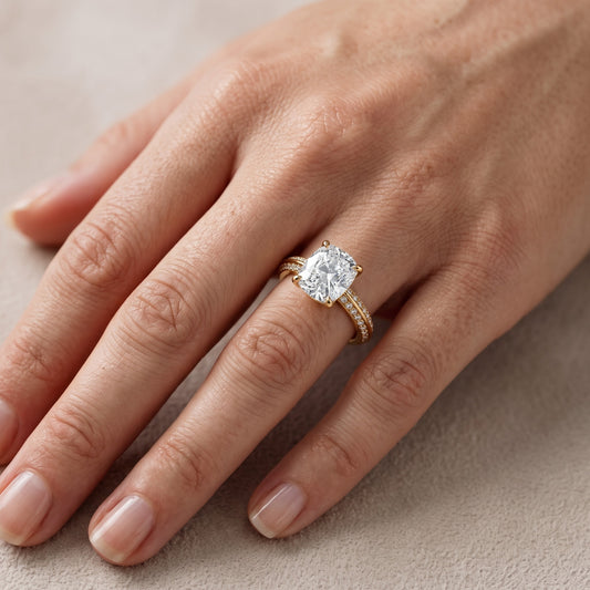 Meredith Knife Edge Pavé Cushion Diamond Engagement Ring in Yellow Gold - lifestyle.jpg