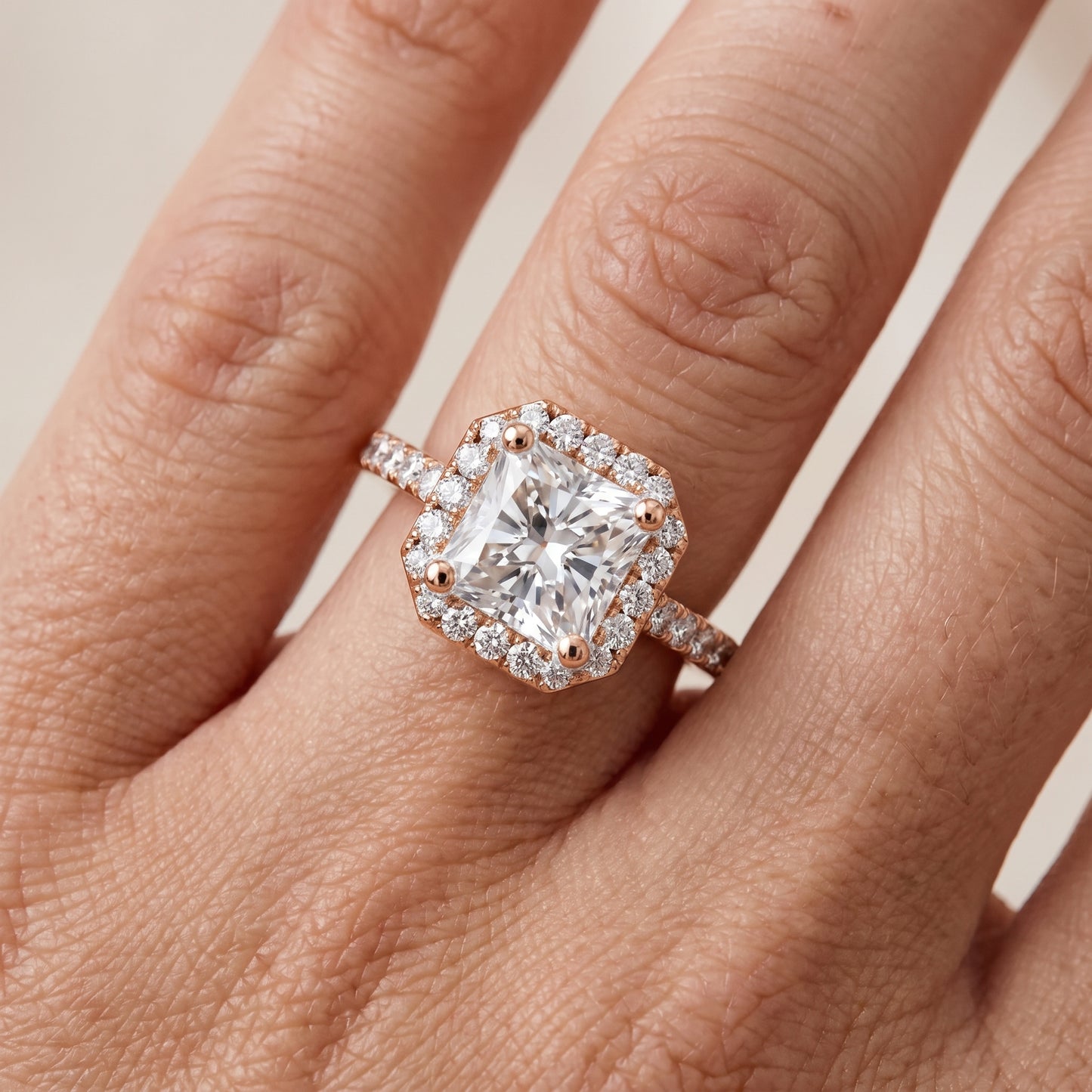 Sophie Halo Pavé Radiant Diamond Ring in Rose Gold - lifestyle.jpg