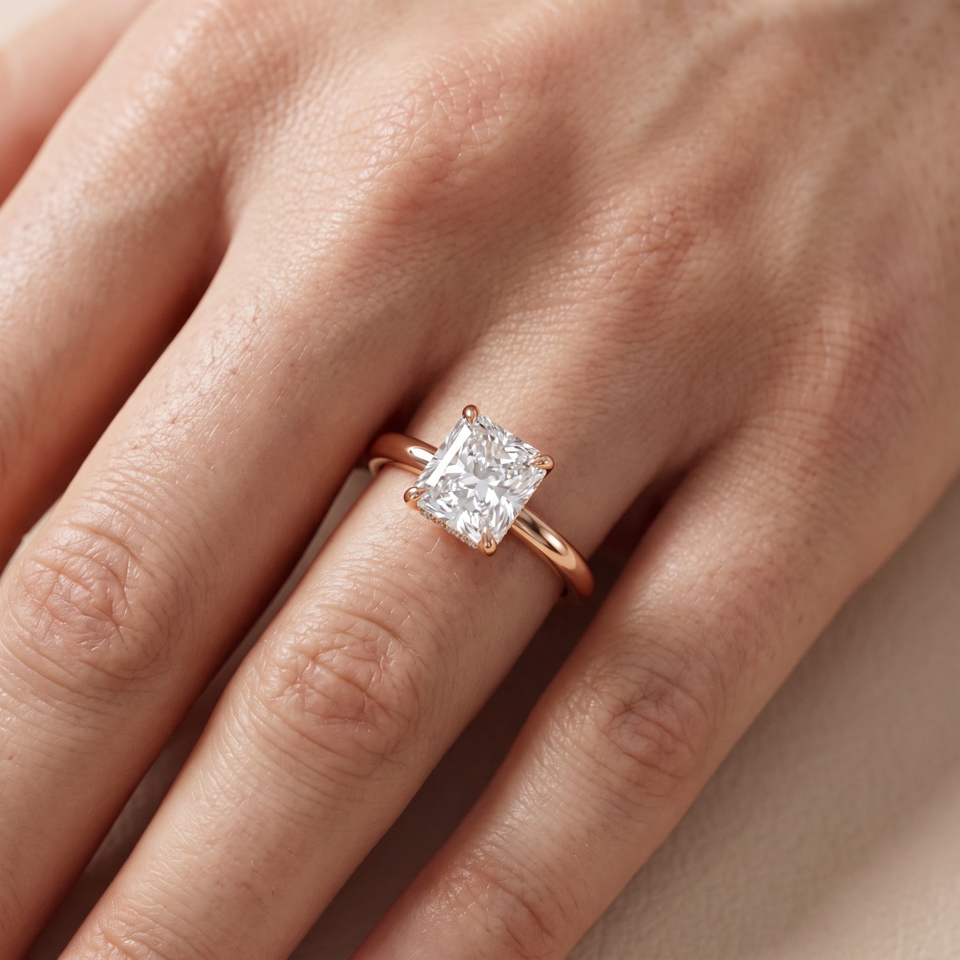 Amaya Hidden Halo Radiant Diamond Ring in Rose Gold - lifestyle.jpg