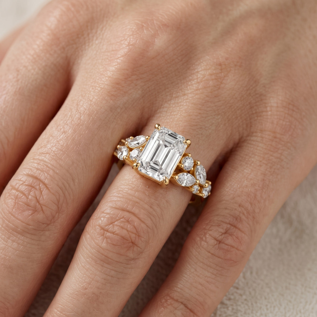 Kelsey Leaf Cluster Emerald Diamond Engagement Ring in Rose Gold - lifestyle.jpg