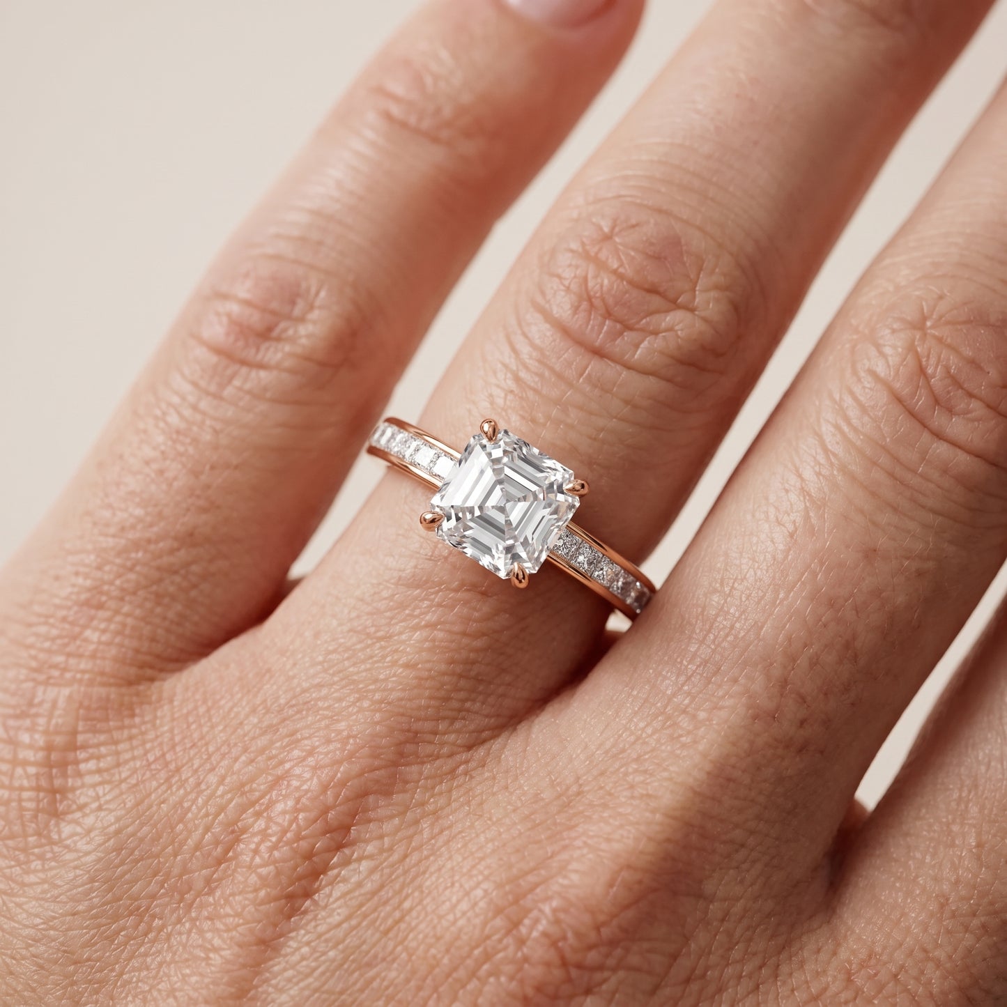 Brielle Channel Set Solitaire Asscher Diamond Ring in Rose Gold - lifestyle.jpg