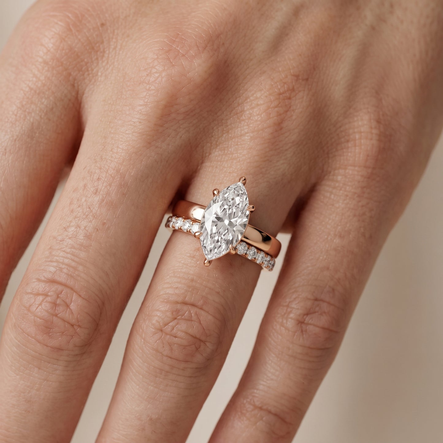 Veda Split Shank Pavé Marquise Diamond Engagement Ring in Rose Gold - lifestyle.jpg
