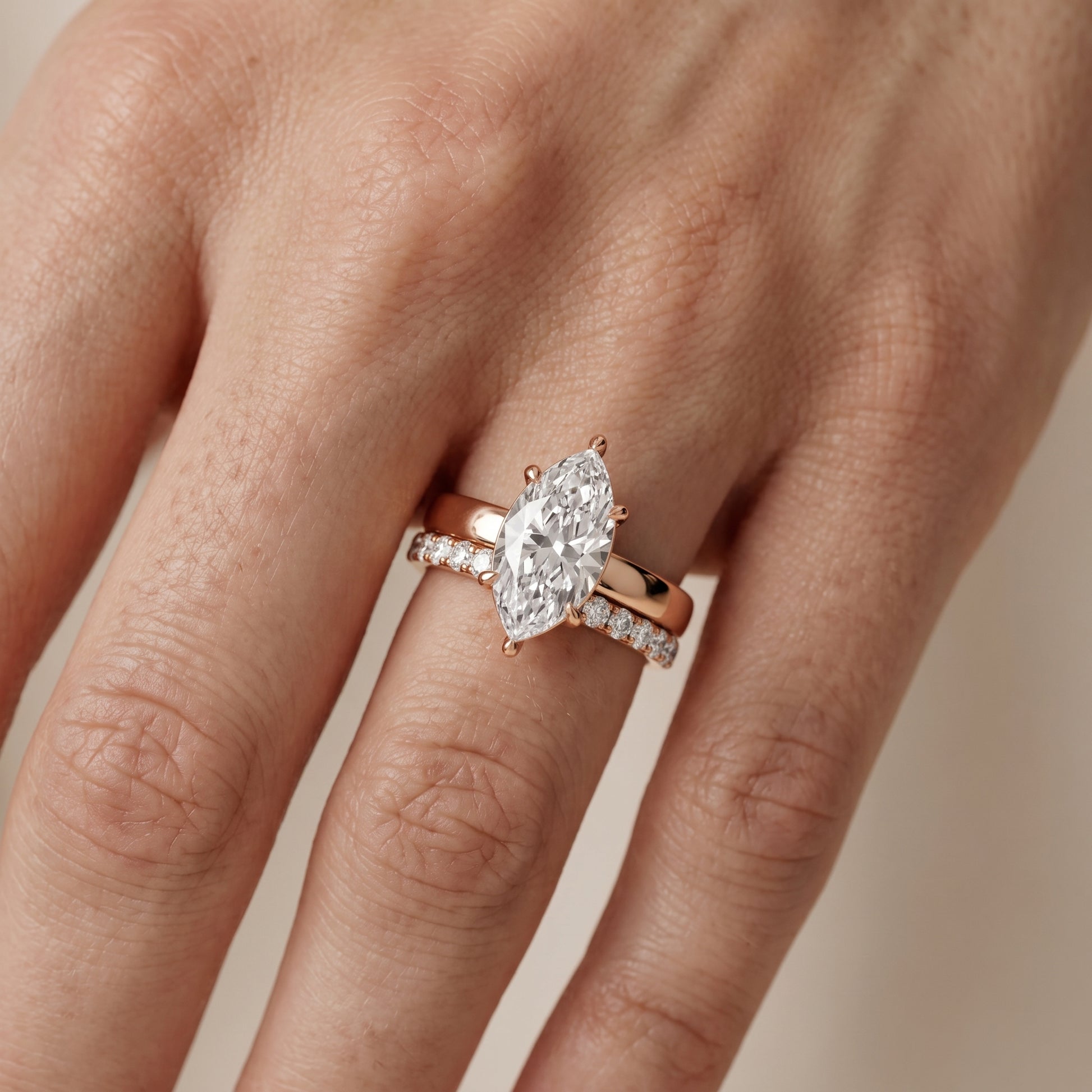 Veda Split Shank Pavé Marquise Diamond Engagement Ring in Rose Gold - lifestyle.jpg