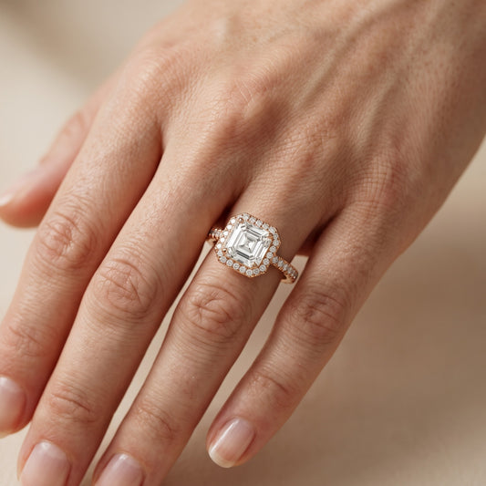 Rosemary Halo Pavé Asscher Diamond Engagement Ring in Rose Gold - lifestyle.jpg
