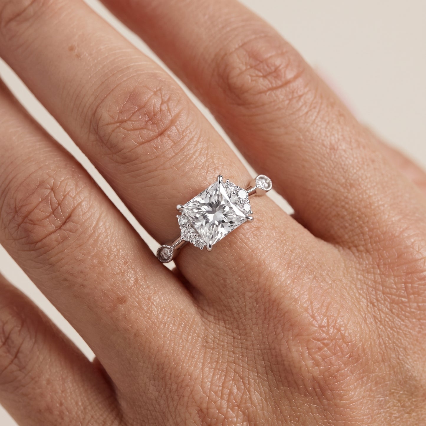 Naomi Vintage Milgrain Princess Diamond Engagement Ring in Platinum - lifestyle.jpg