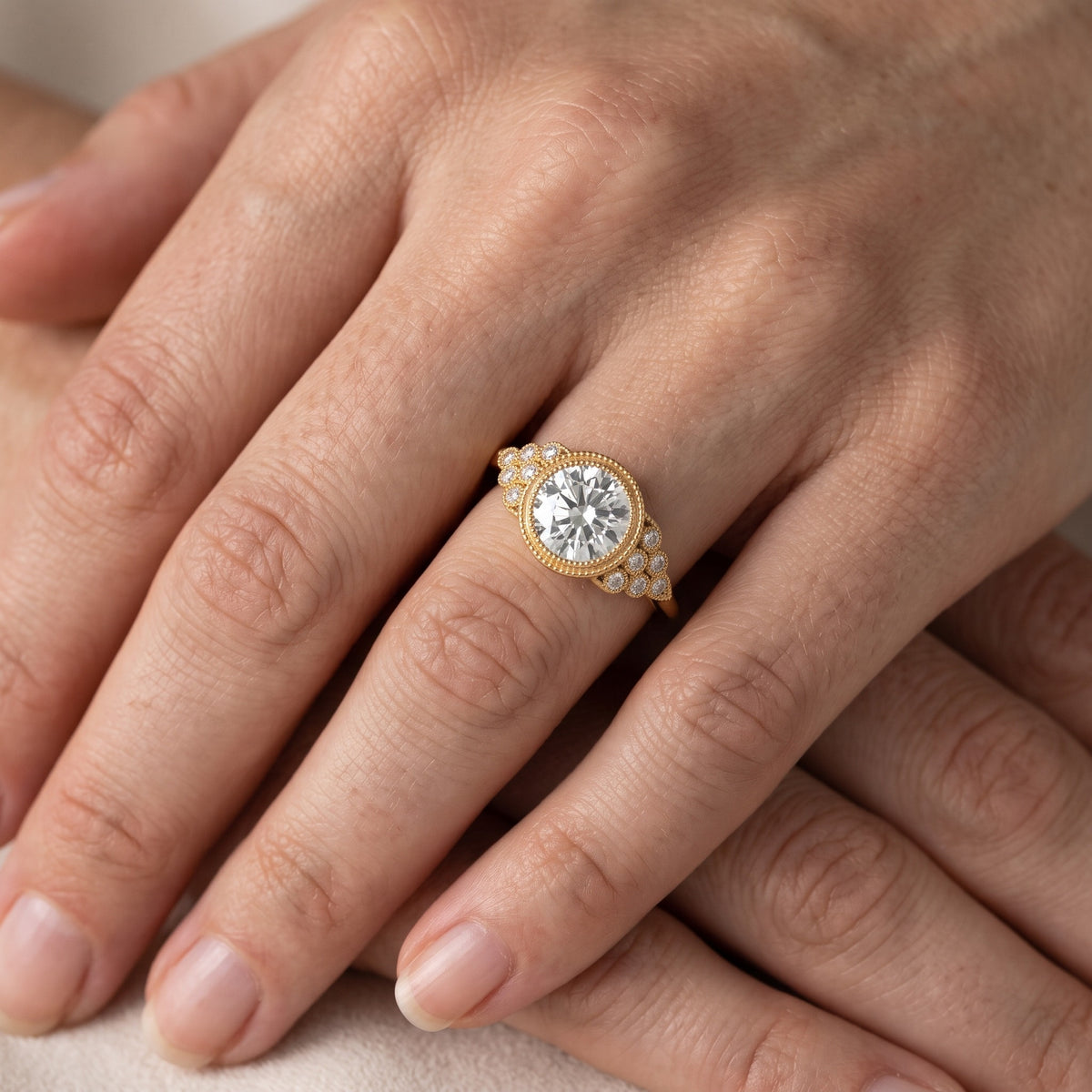 Effie Vintage Bezel Round Diamond Engagement Ring in Yellow Gold - lifestyle.jpg
