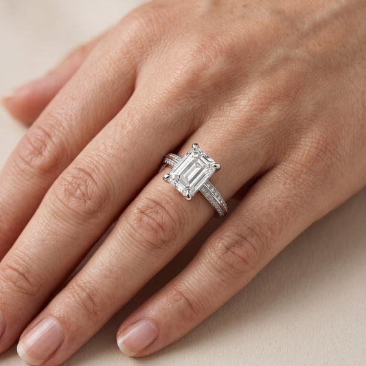 Meredith Knife Edge Pavé Emerald Diamond Engagement Ring in Platinum - lifestyle.jpg