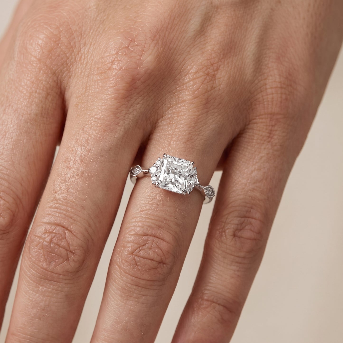 Naomi Vintage Milgrain Radiant Diamond Engagement Ring in Silver - lifestyle.jpg