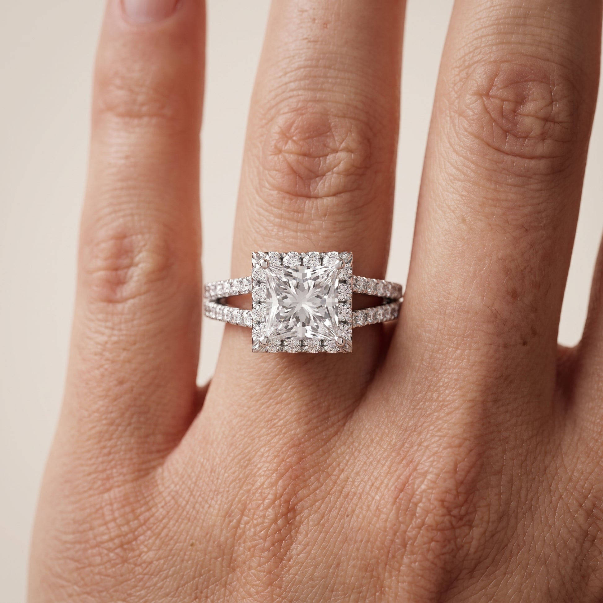 Kira Halo Split Shank Princess Diamond Engagement Ring in Silver - lifestyle.jpg