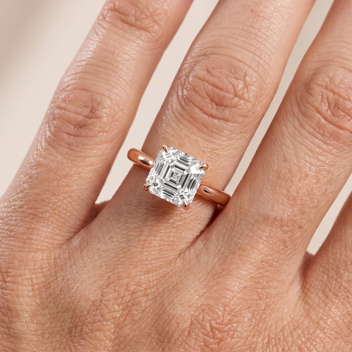 Evie Solitaire Six-Prong Asscher Diamond Engagement Ring in Rose Gold - lifestyle.jpg