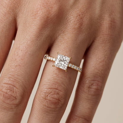 Aisha Pavé Solitaire Princess Diamond Engagement Ring in Yellow Gold - lifestyle.jpg