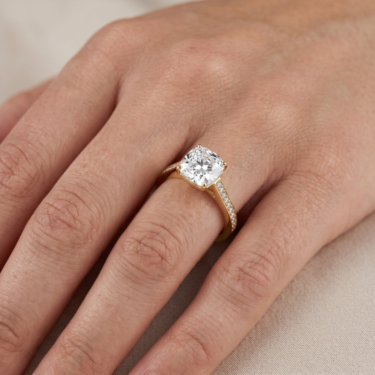 Janie Cathedral Pavé Cushion Diamond Engagement Ring in Yellow Gold - lifestyle.jpg