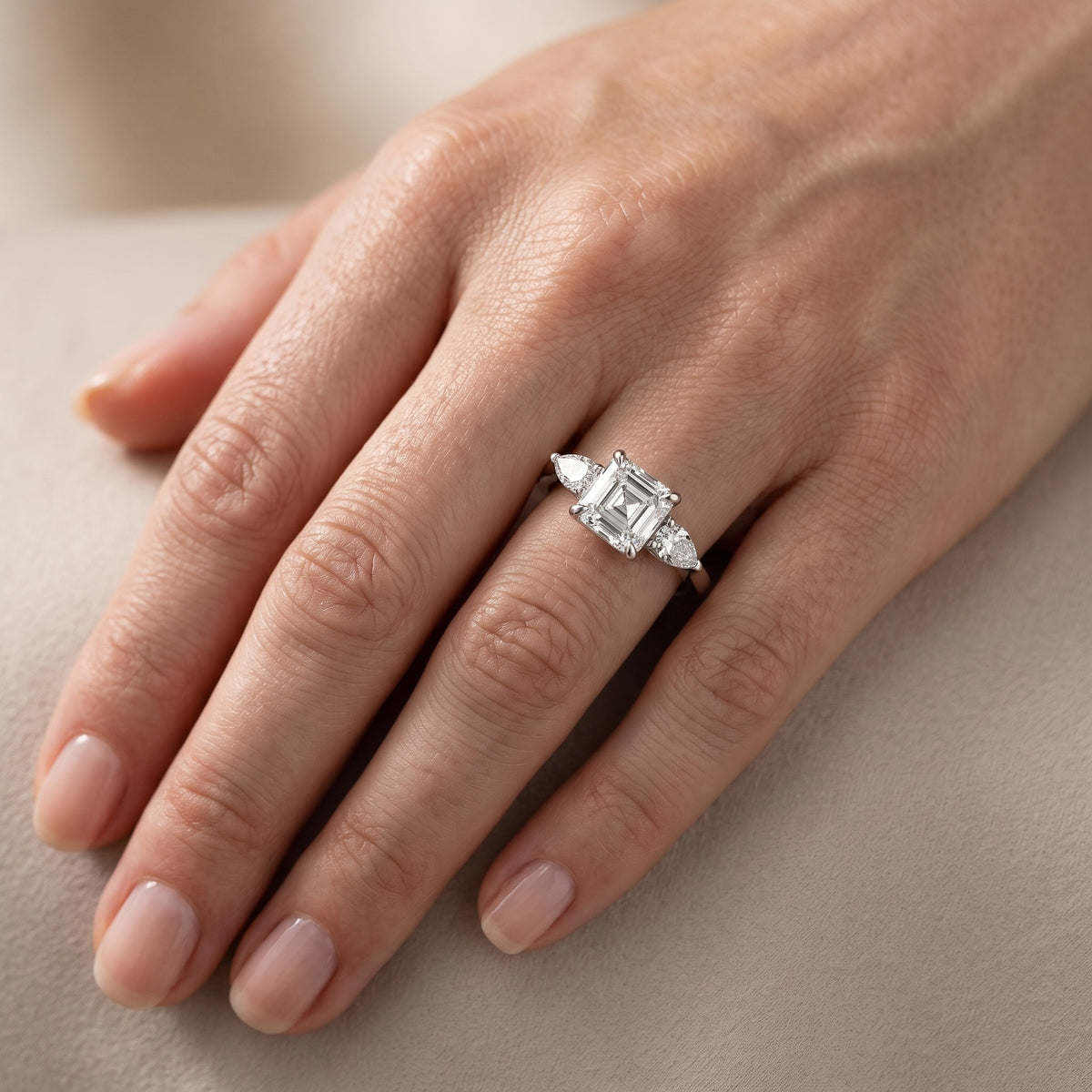 Grace Three Stone Asscher Diamond Engagement Ring in Platinum - lifestyle.jpg