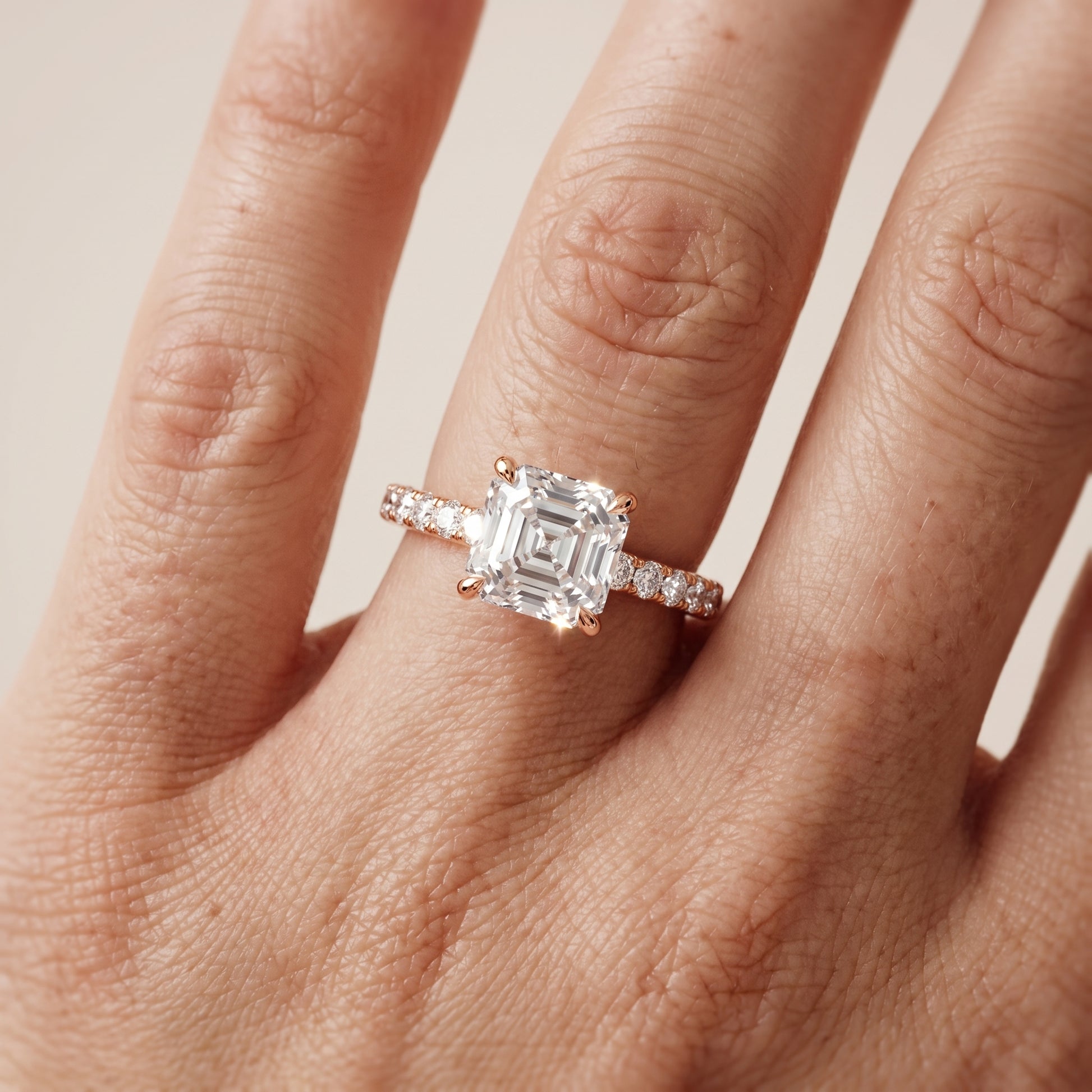 Veda Split Shank Pavé Asscher Diamond Engagement Ring in Rose Gold - lifestyle.jpg