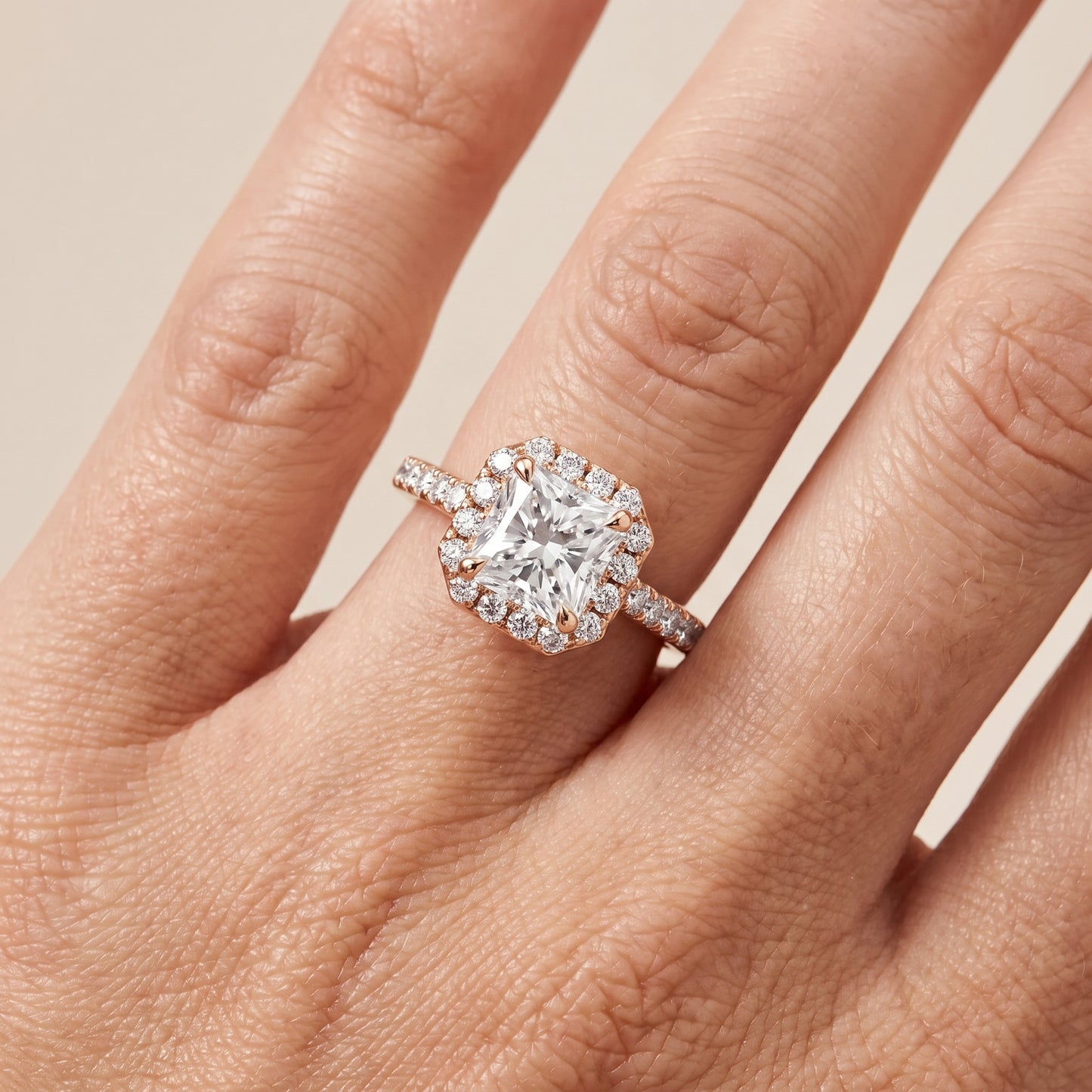 Amara Halo Claw Prong Radiant Diamond Ring in Rose Gold - lifestyle.jpg