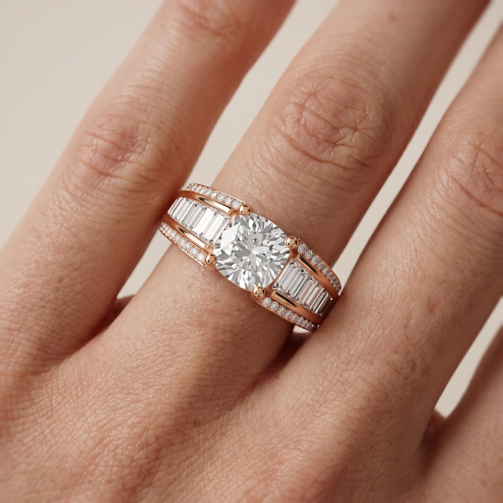 Halle Channel Set Baguette Accent Cushion Diamond Engagement Ring in Rose Gold - lifestyle.jpg