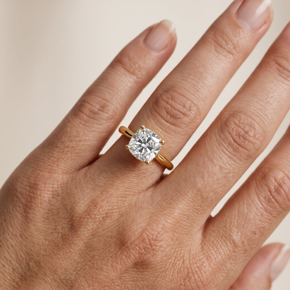 Hyacinth Hidden Halo Cathedral Cushion Diamond Engagement Ring in Yellow Gold - lifestyle.jpg