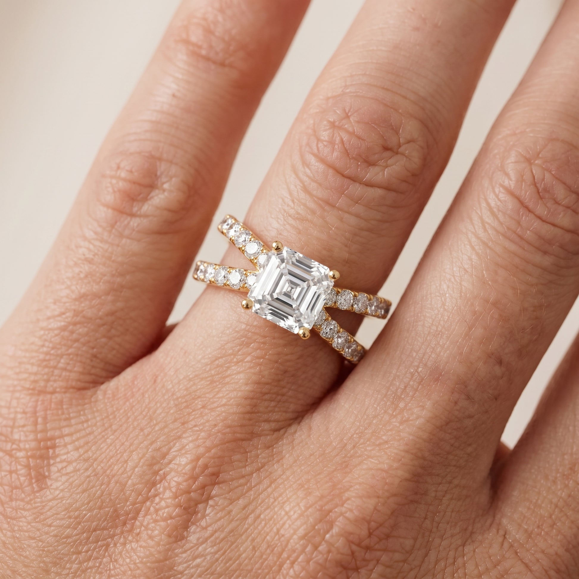 Lior Criss Cross Pavé Asscher Diamond Engagement Ring in Yellow Gold - lifestyle.jpg