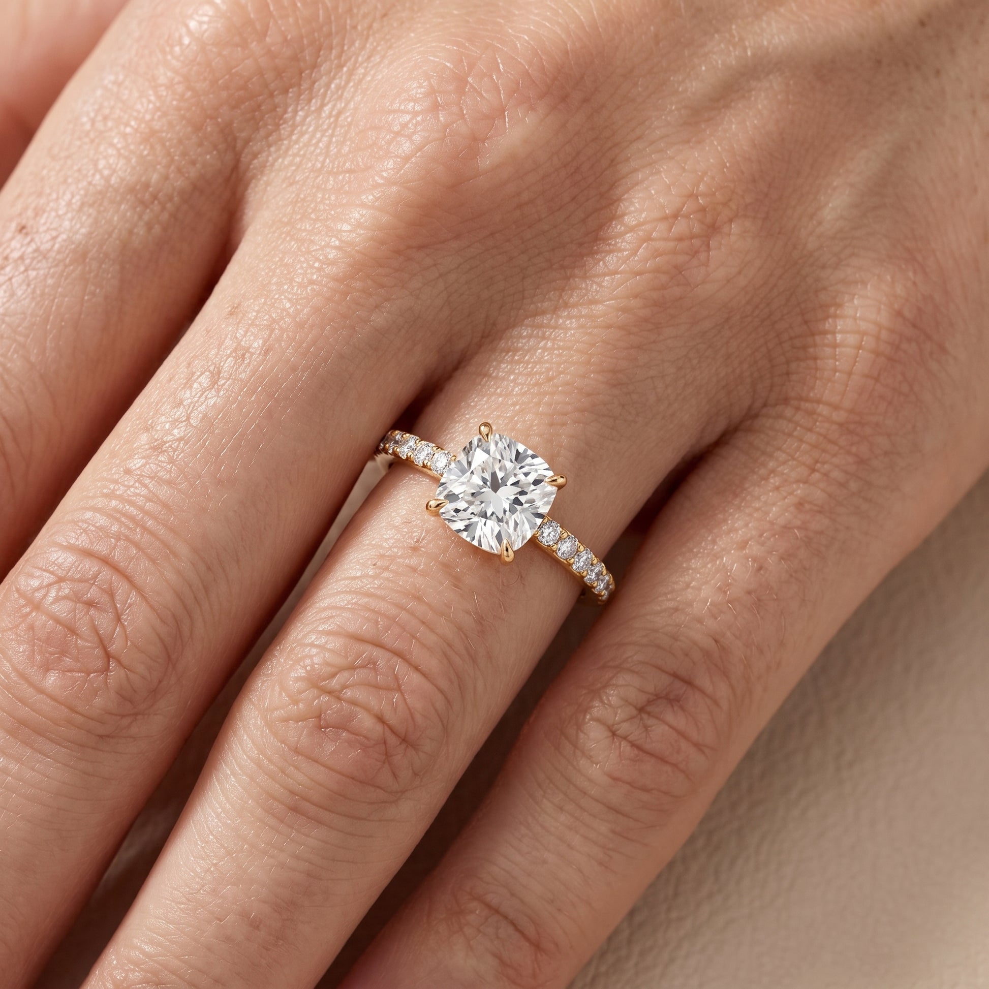 Aisha Pavé Solitaire Cushion Diamond Engagement Ring in Yellow Gold - lifestyle.jpg