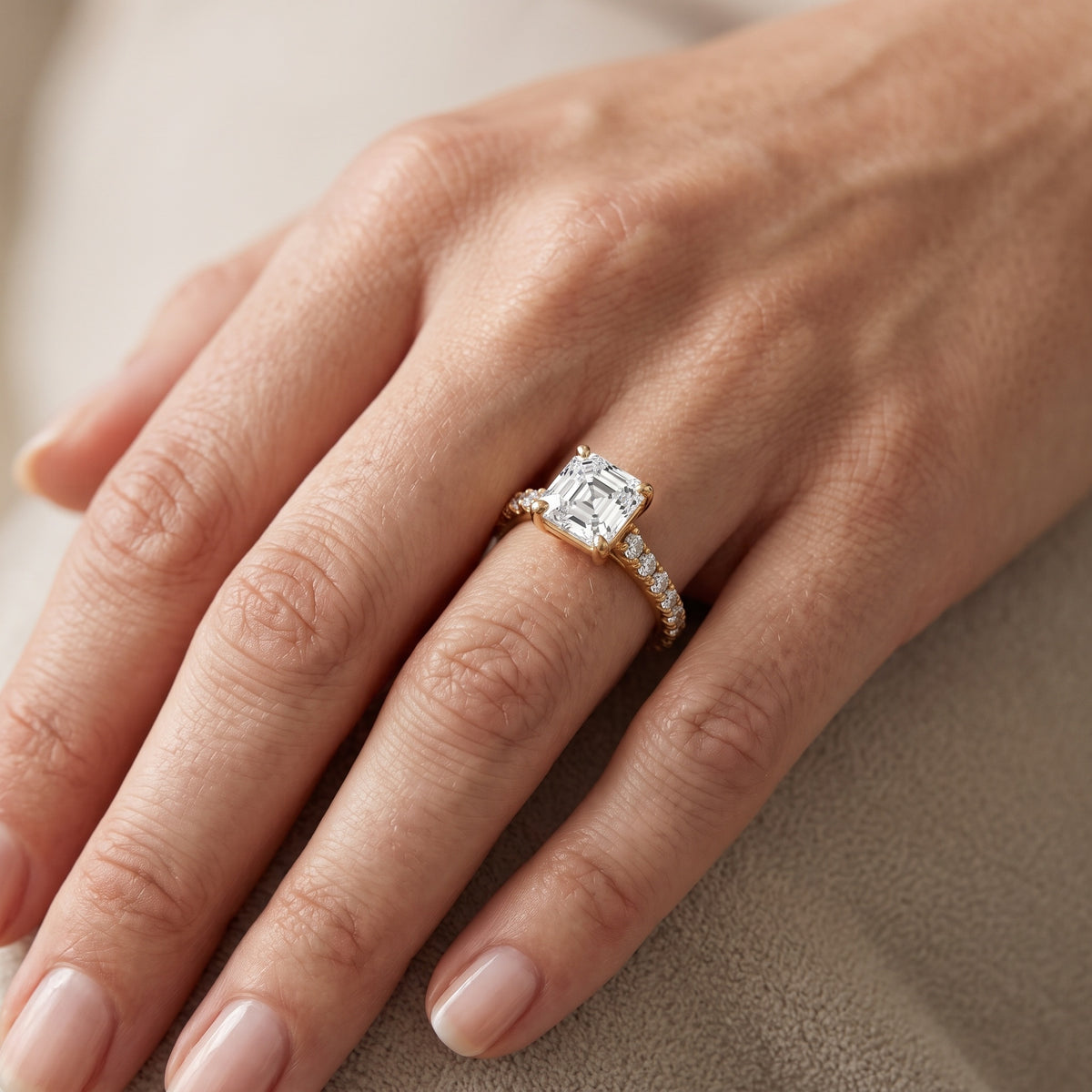 Una Cathedral Pavé Asscher Diamond Engagement Ring in White Gold - lifestyle.jpg