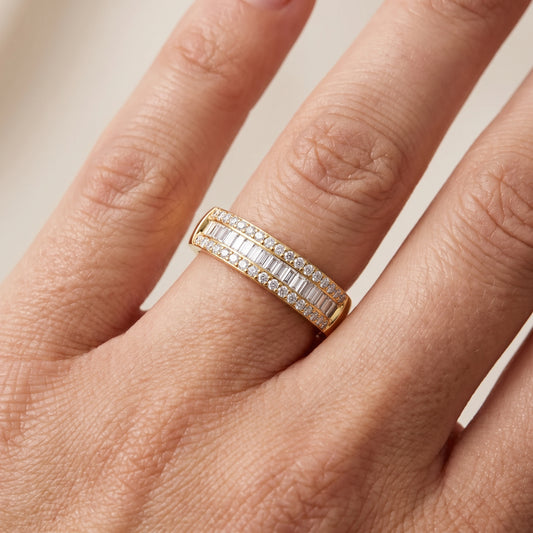 Caroline Channel Set Baguette & Round Diamond Anniversary Ring in Yellow Gold - lifestyle.jpg