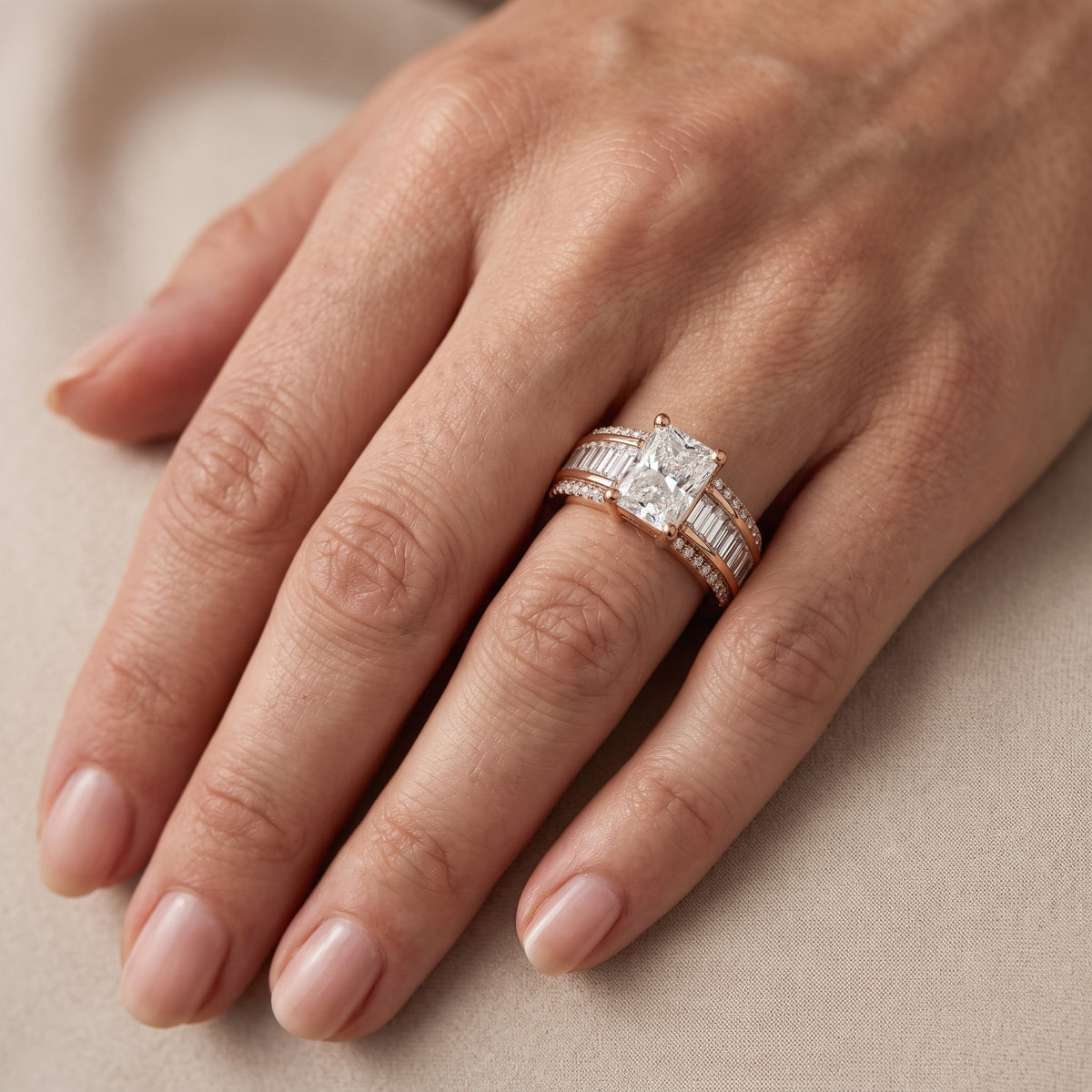 Tara Channel Set Baguette Accent Radiant Diamond Engagement Ring in Rose Gold - lifestyle.jpg