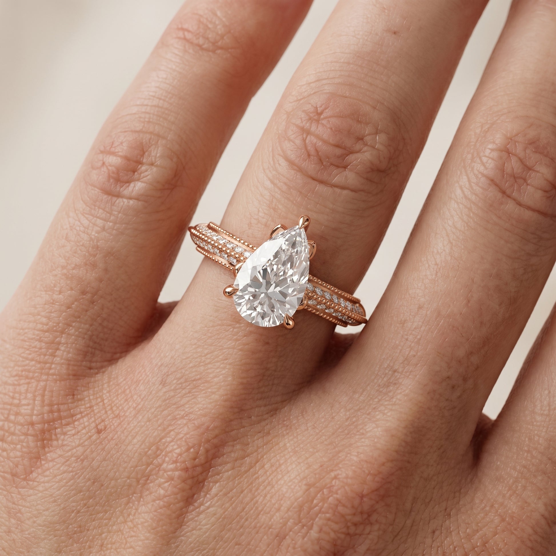 Indie Vintage Milgrain Pear Diamond Engagement Ring in Rose Gold - lifestyle.jpg