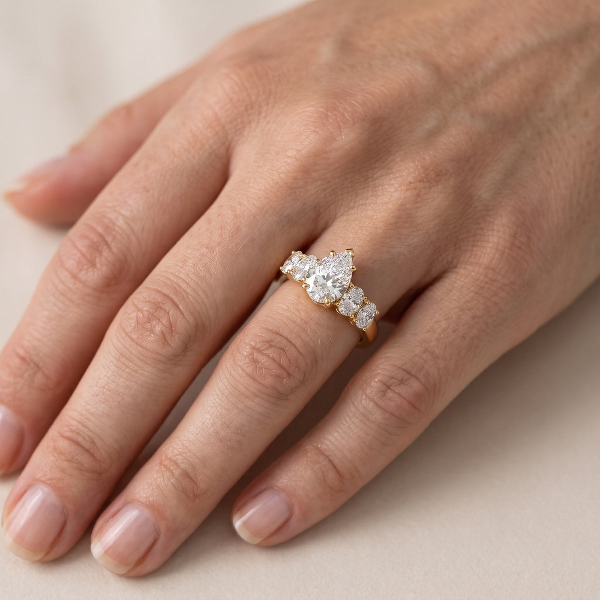 Judith Statement Five-Stone Pear Diamond Engagement Ring in Silver - lifestyle.jpg