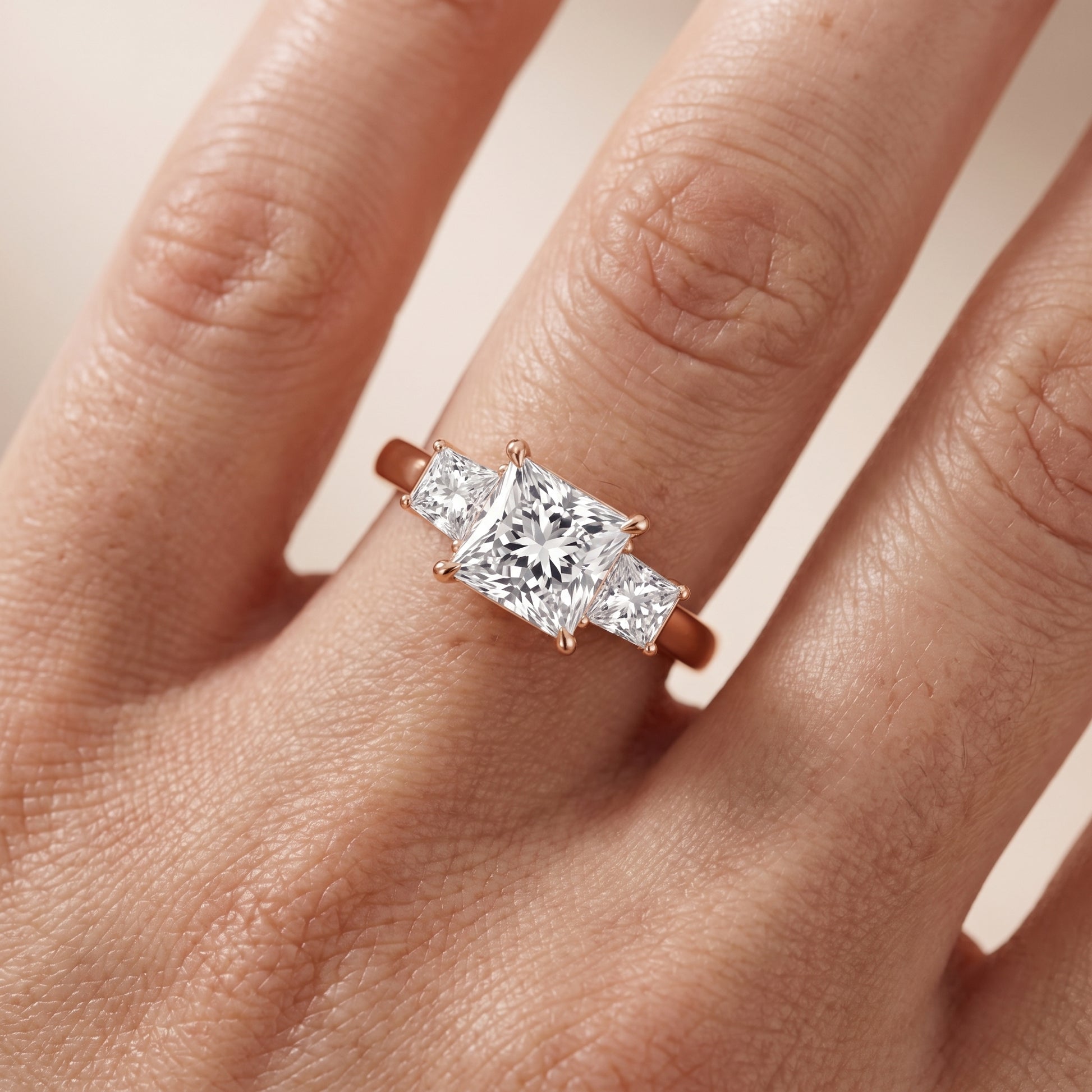 Selena Three-Stone Basket Princess Diamond Ring in Rose Gold - lifestyle.jpg