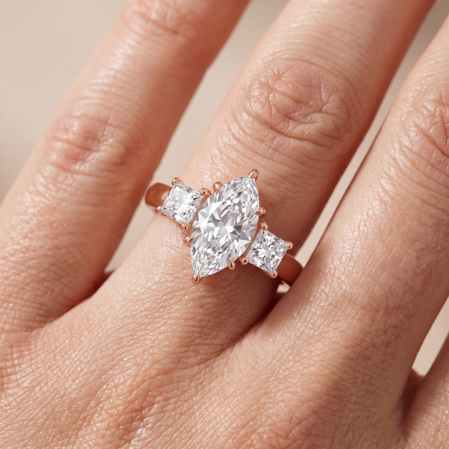Sienna Three-Stone Marquise Diamond Ring in Rose Gold - lifestyle.jpg
